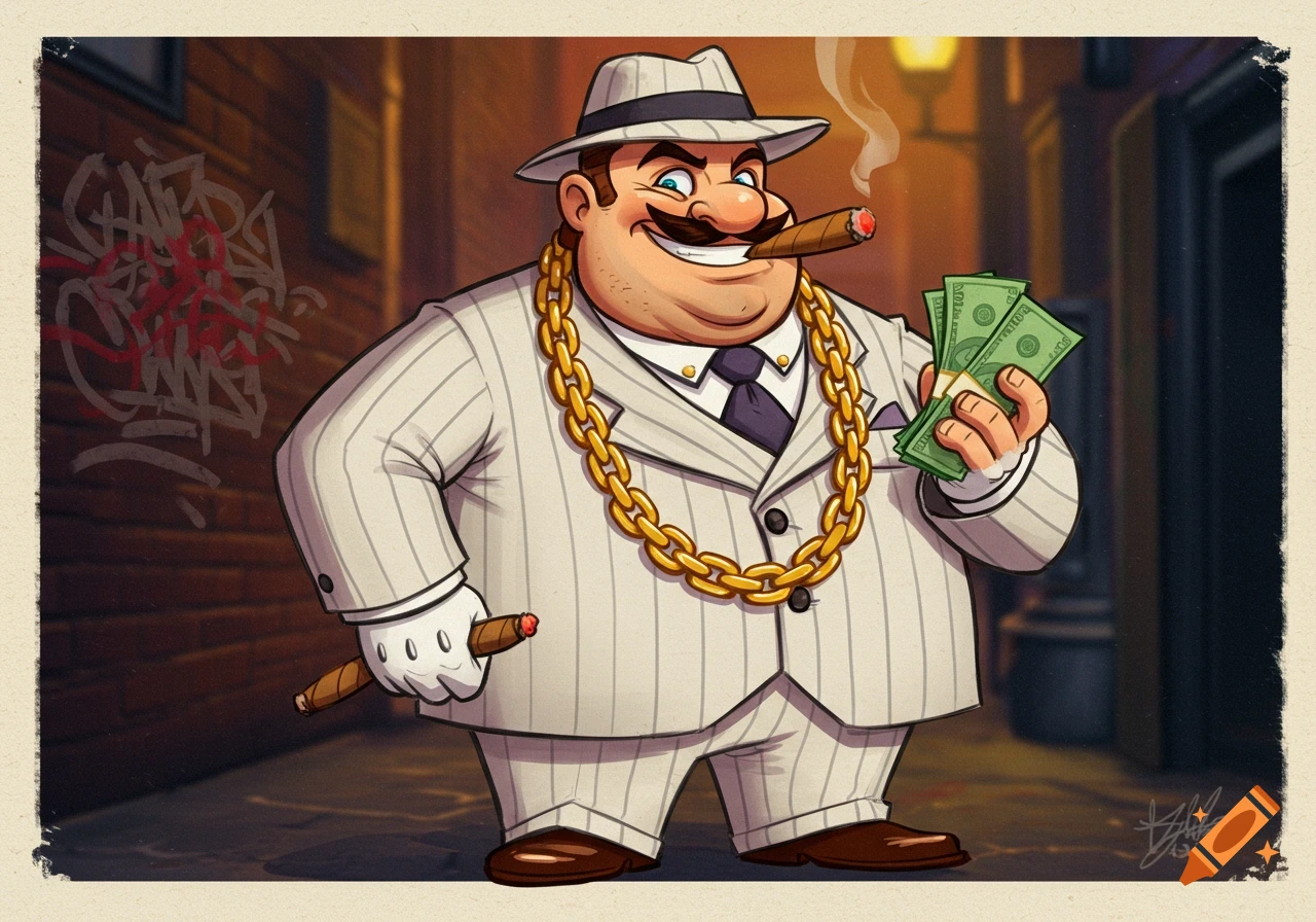 A cartoon character resembling Luigi dressed as a gangster, holding cash and a cigar in an alley.