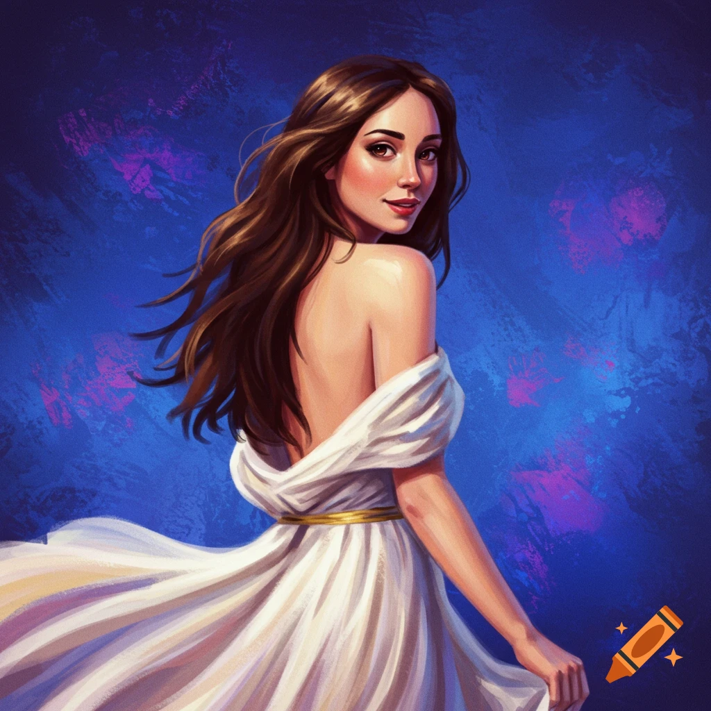 A woman with long brown hair in a flowing white dress looks over her shoulder against a blue background.