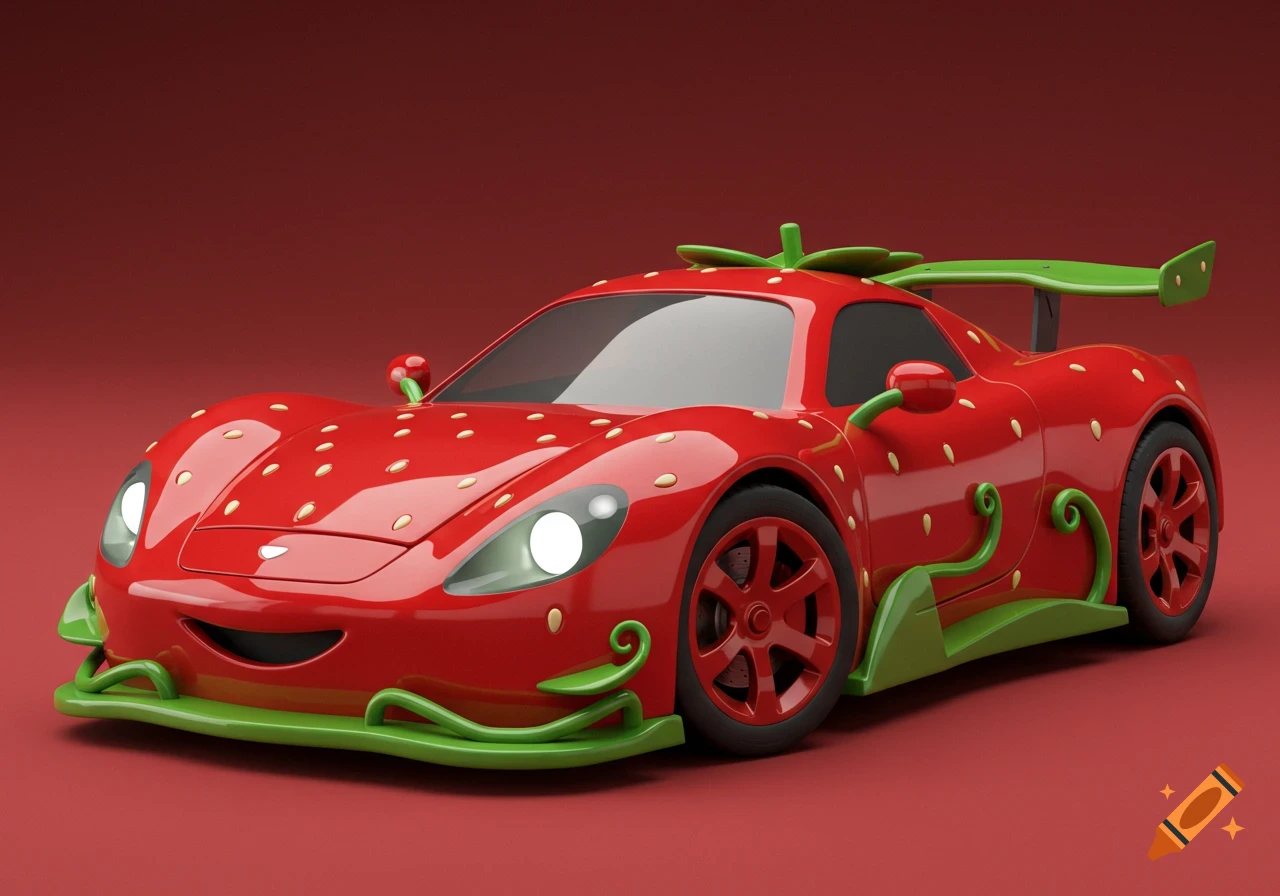 A stylized cartoon race car decorated like a strawberry, featuring a smiling grille and green accents.