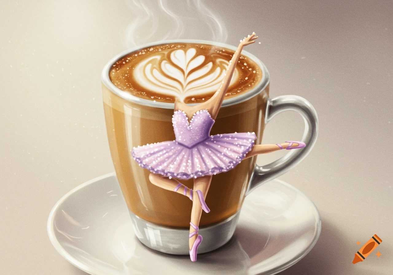 An illustration of a ballerina figure emerging from latte art in a coffee cup.