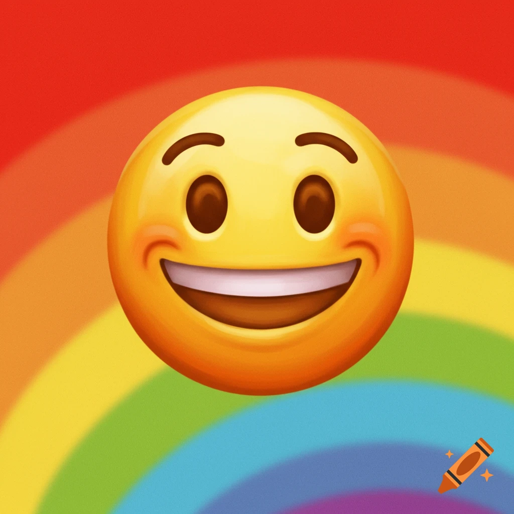 A smiling emoji face in front of a rainbow.