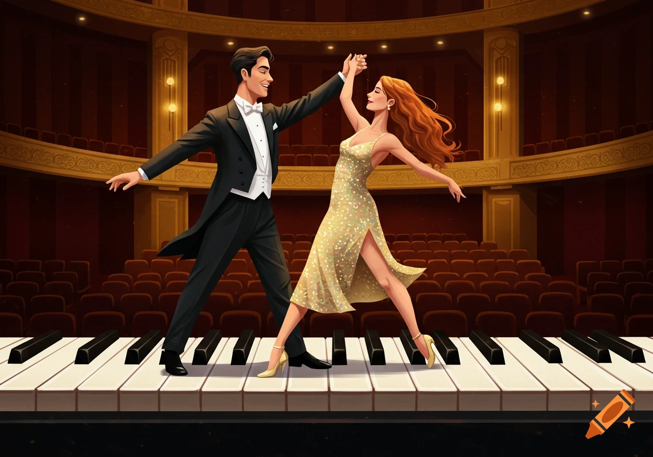 Man and woman dancing on giant piano keys in a theatre, illustration style.