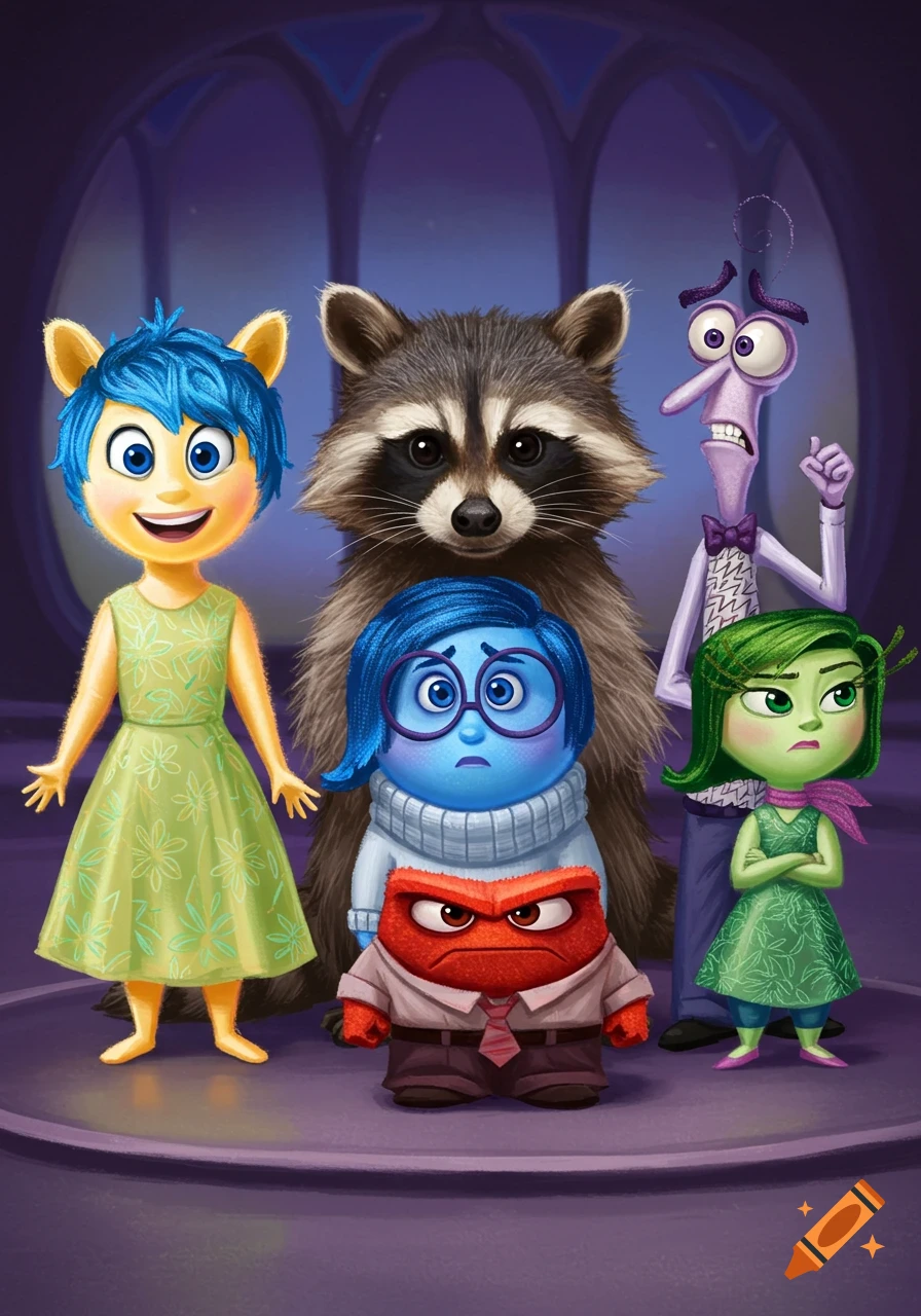 Joy, Sadness, Anger, Fear, and Disgust from Inside Out posing with a large raccoon.