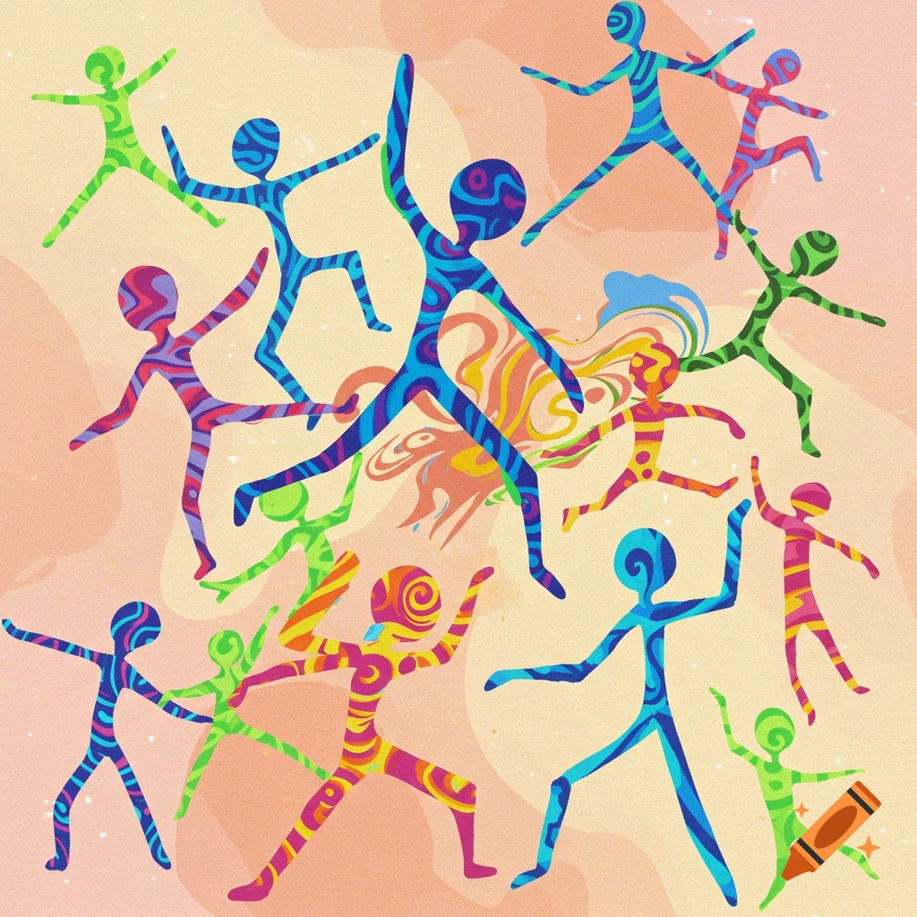 Abstract colorful stick figures dancing on a light background