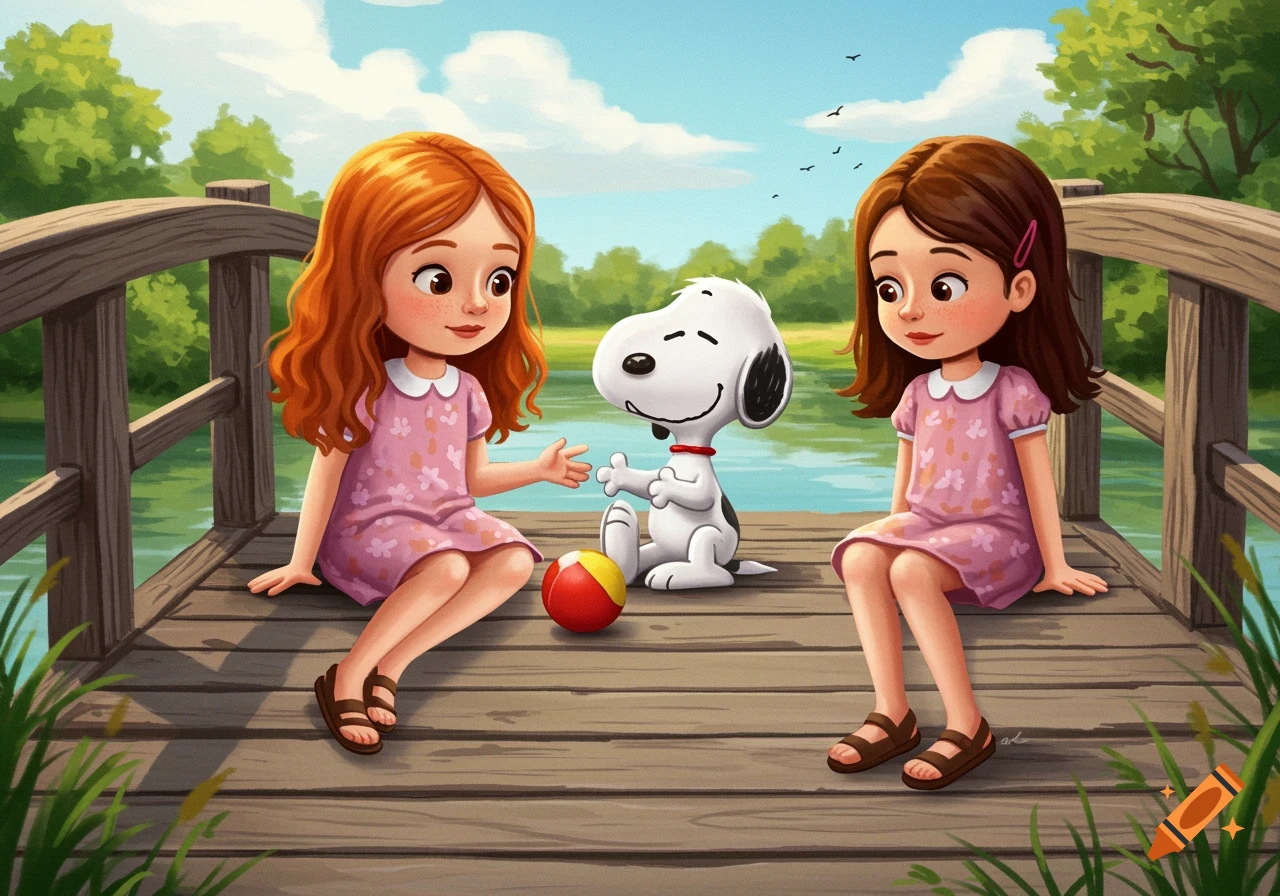 Illustration of two cartoon girls and Snoopy sitting on a wooden bridge.
