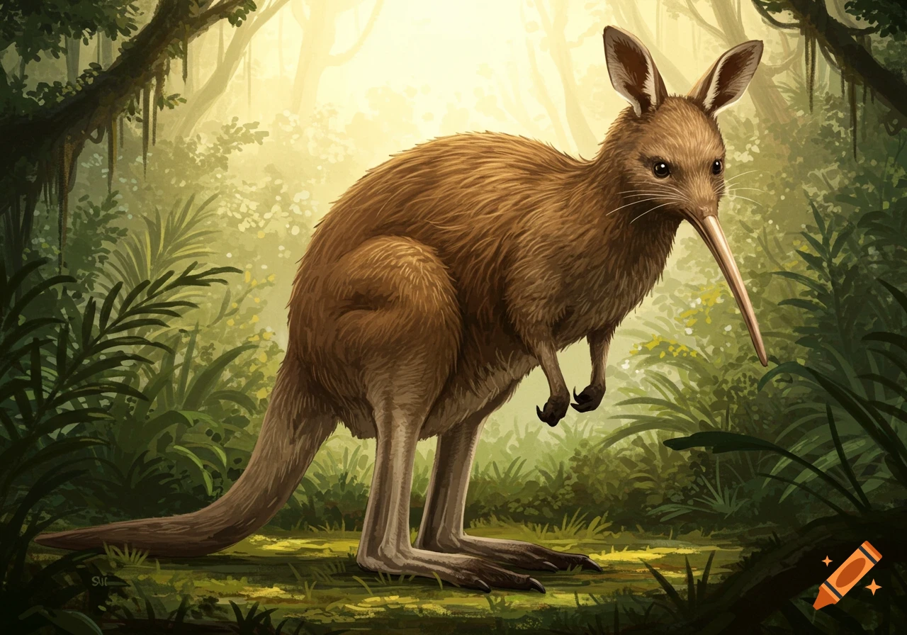 A fantastical creature with the body of a kangaroo and the head of a kiwi bird stands in a lush forest.