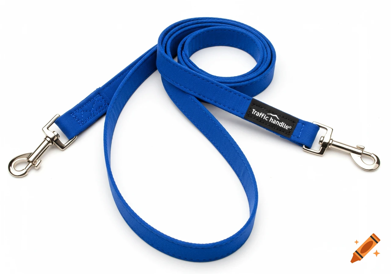 Blue traffic handle dog leash on a white background