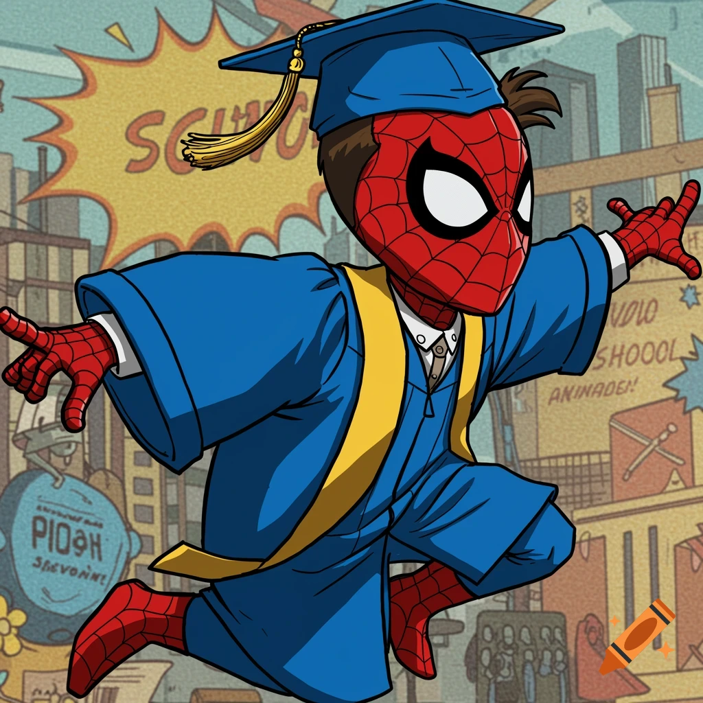 A cartoon Spiderman in a blue graduation cap and gown leaps, with a city background and stylized text.