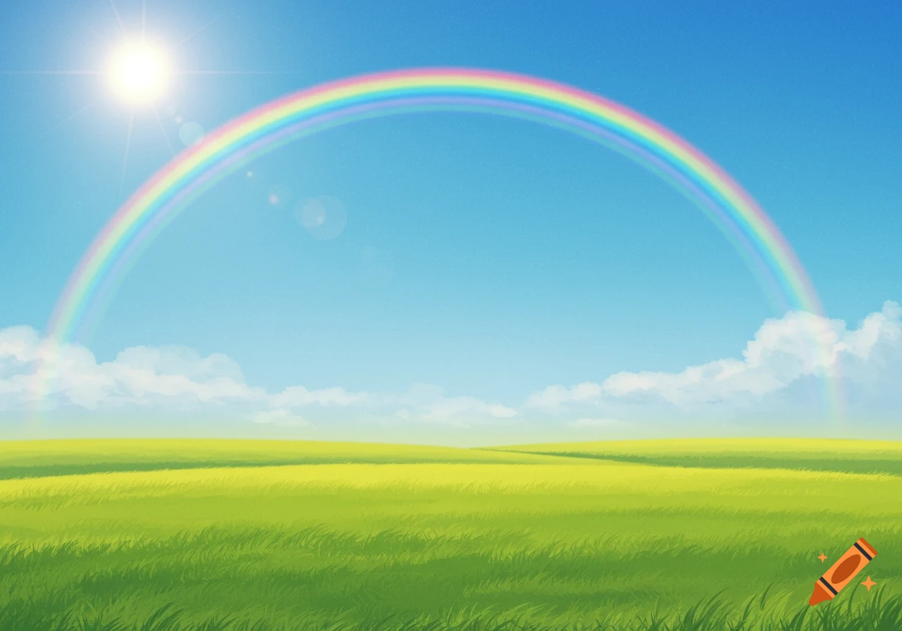 Bright rainbow over a green and yellow field under a sunny blue sky.