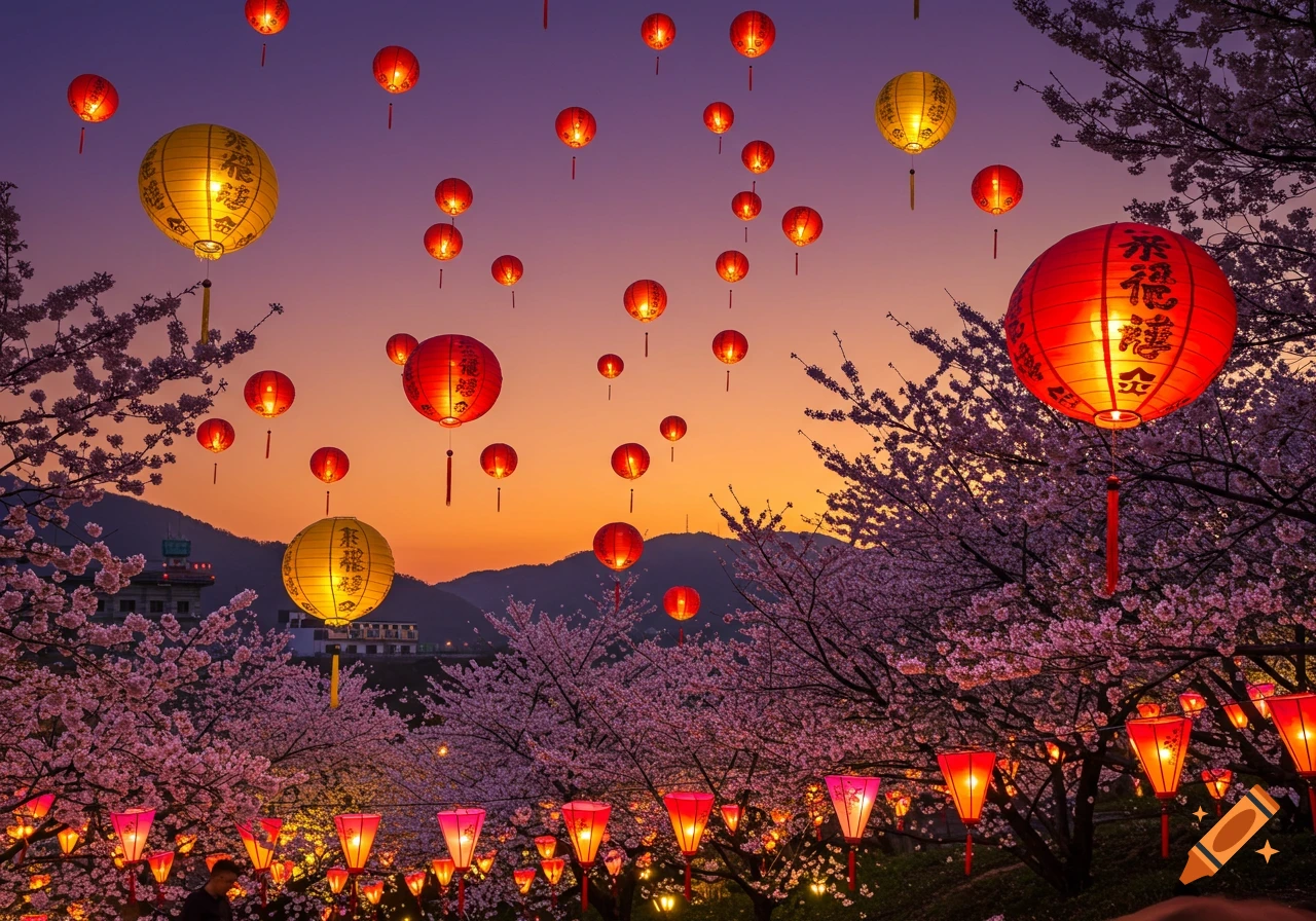 Numerous lanterns among cherry blossoms at sunset.
