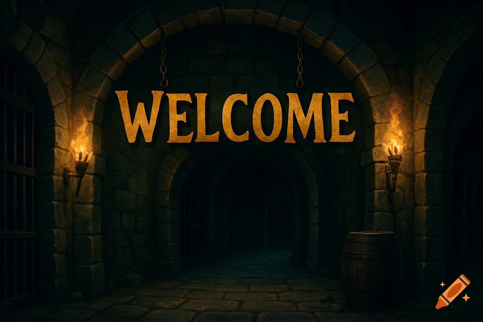 A welcome sign hangs over the arched entrance to a dark stone dungeon lit by torches.