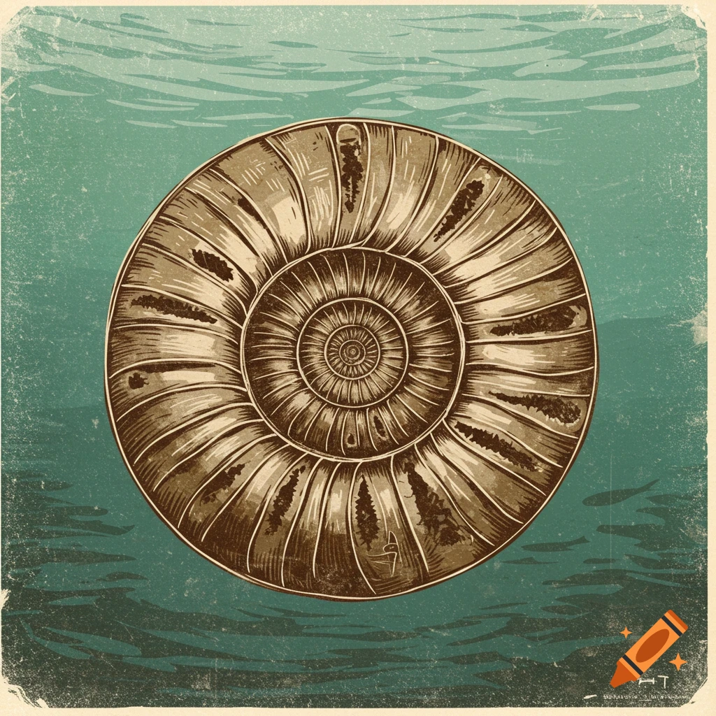 A linocut print of an ammonite shell.