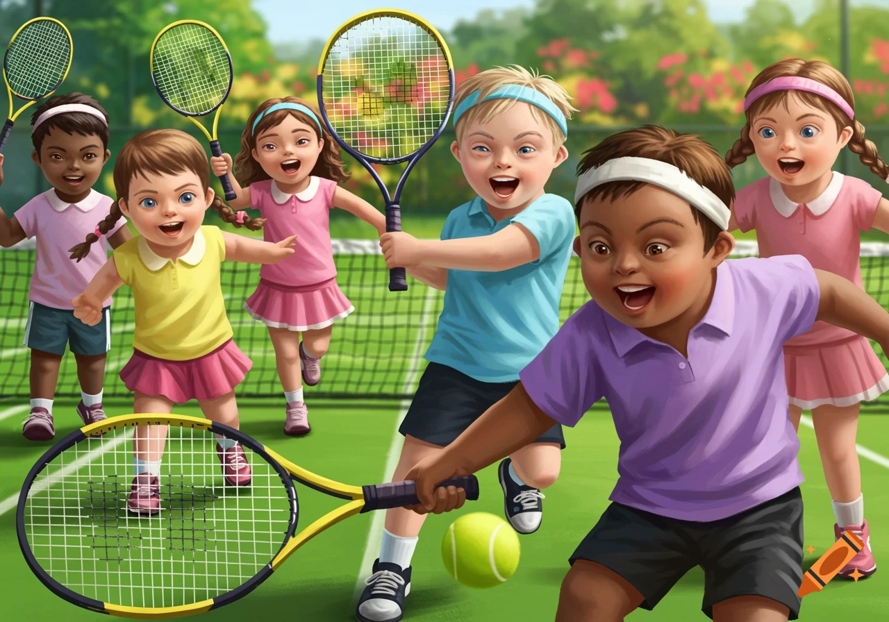 Illustration of a diverse group of kids playing tennis on a court.