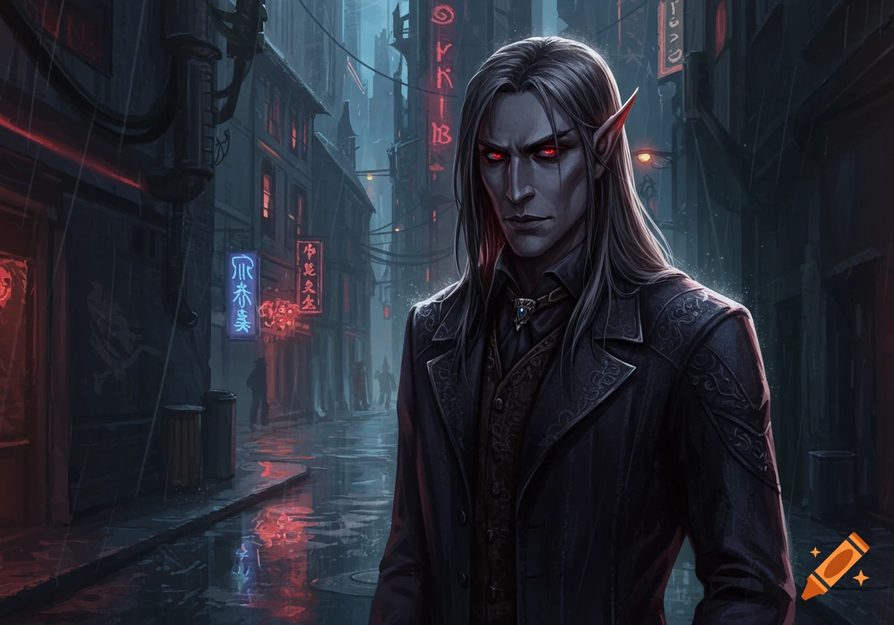 A dark elf with red eyes stands in a rainy city street at night.
