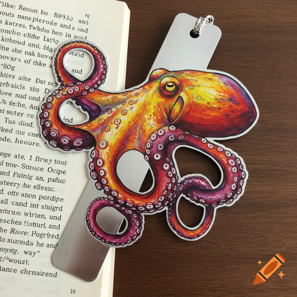 Colorful octopus bookmark lying on an open book.