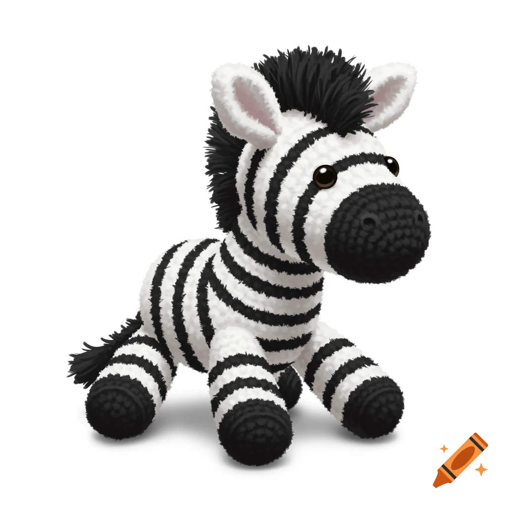 A crocheted zebra plushie with black stripes sits on a white background.
