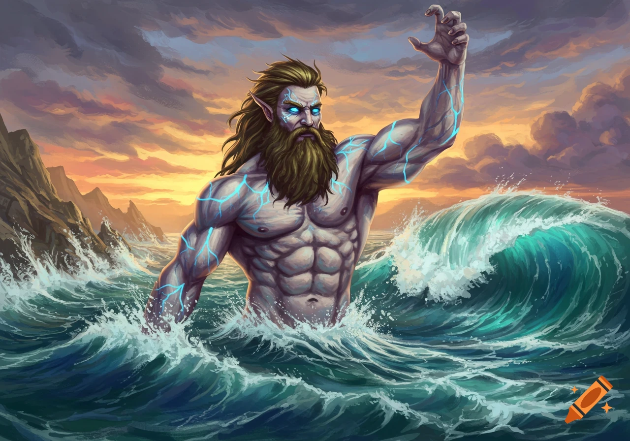Muscular, bearded figure with glowing cracks on skin rises from waves at sunset.