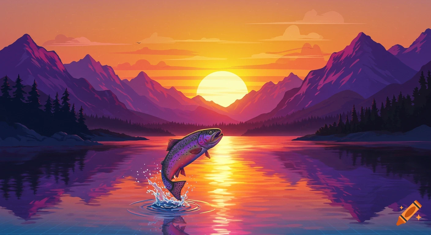 Rainbow trout jumps from lake at sunset with purple mountains, 80s style illustration.