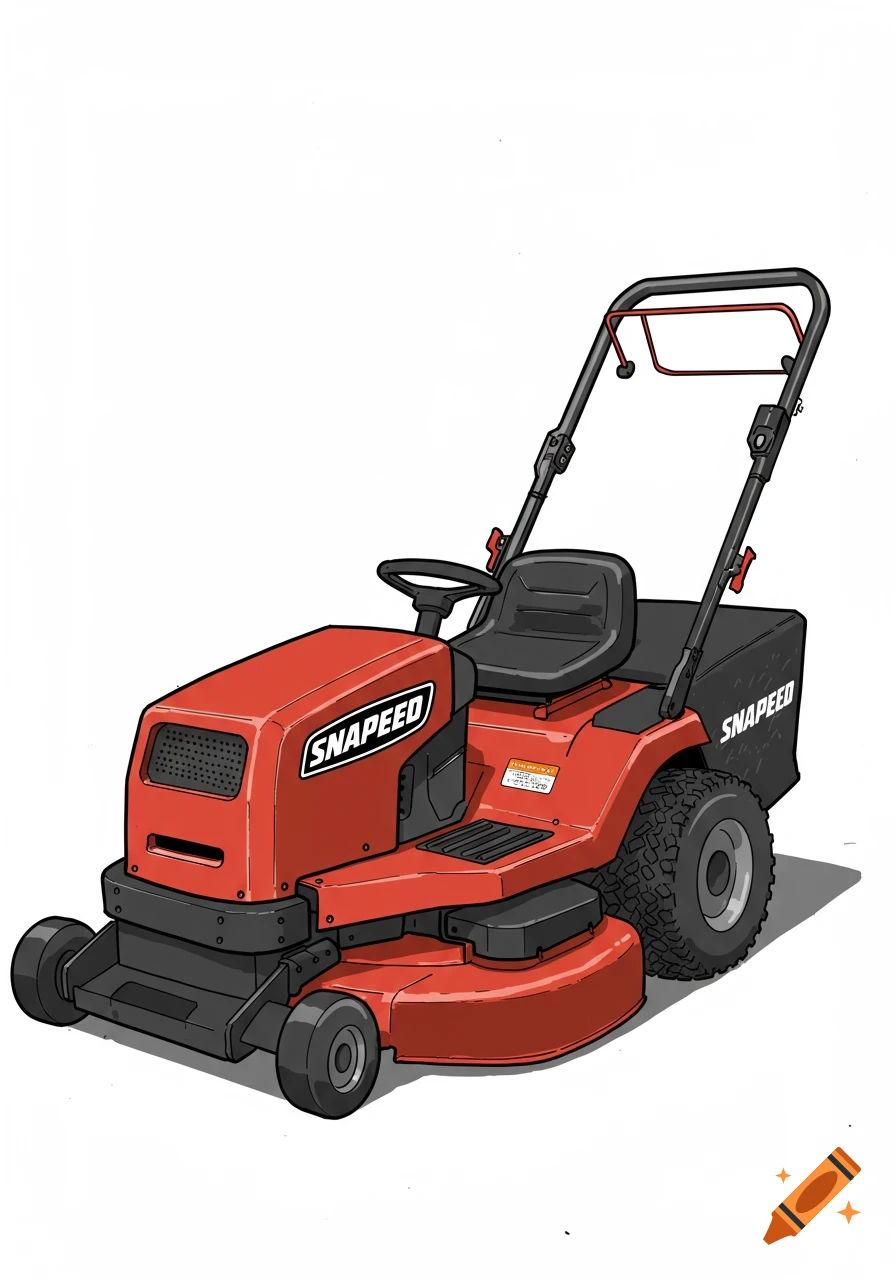 Cartoon illustration of a red ride-on lawn mower with a grass bag.