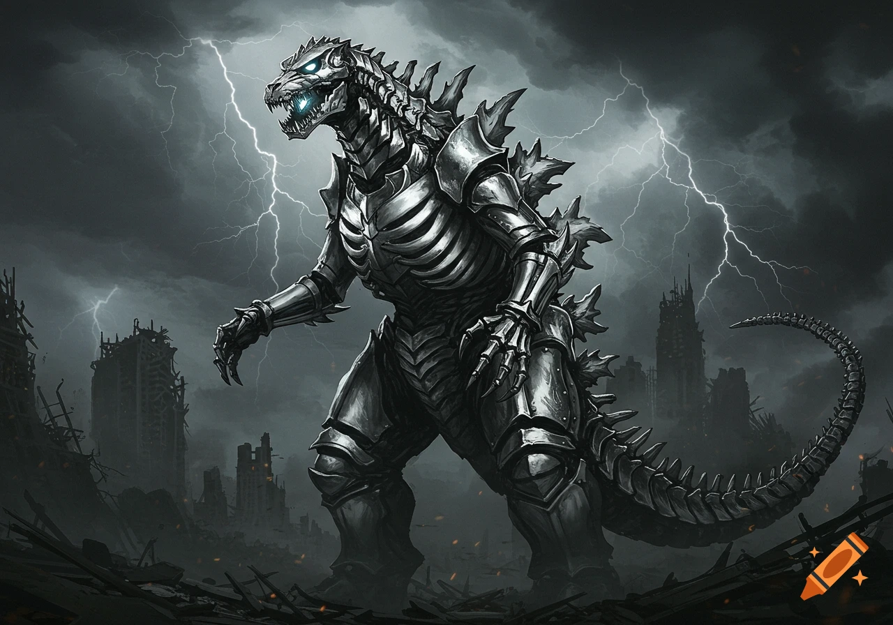 Silver armored kaiju made of bones in a destroyed city under a lightning storm.