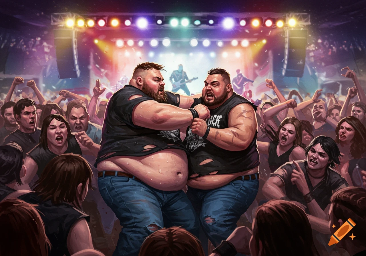 Illustration of two large men fighting in a crowded mosh pit at a rock concert.
