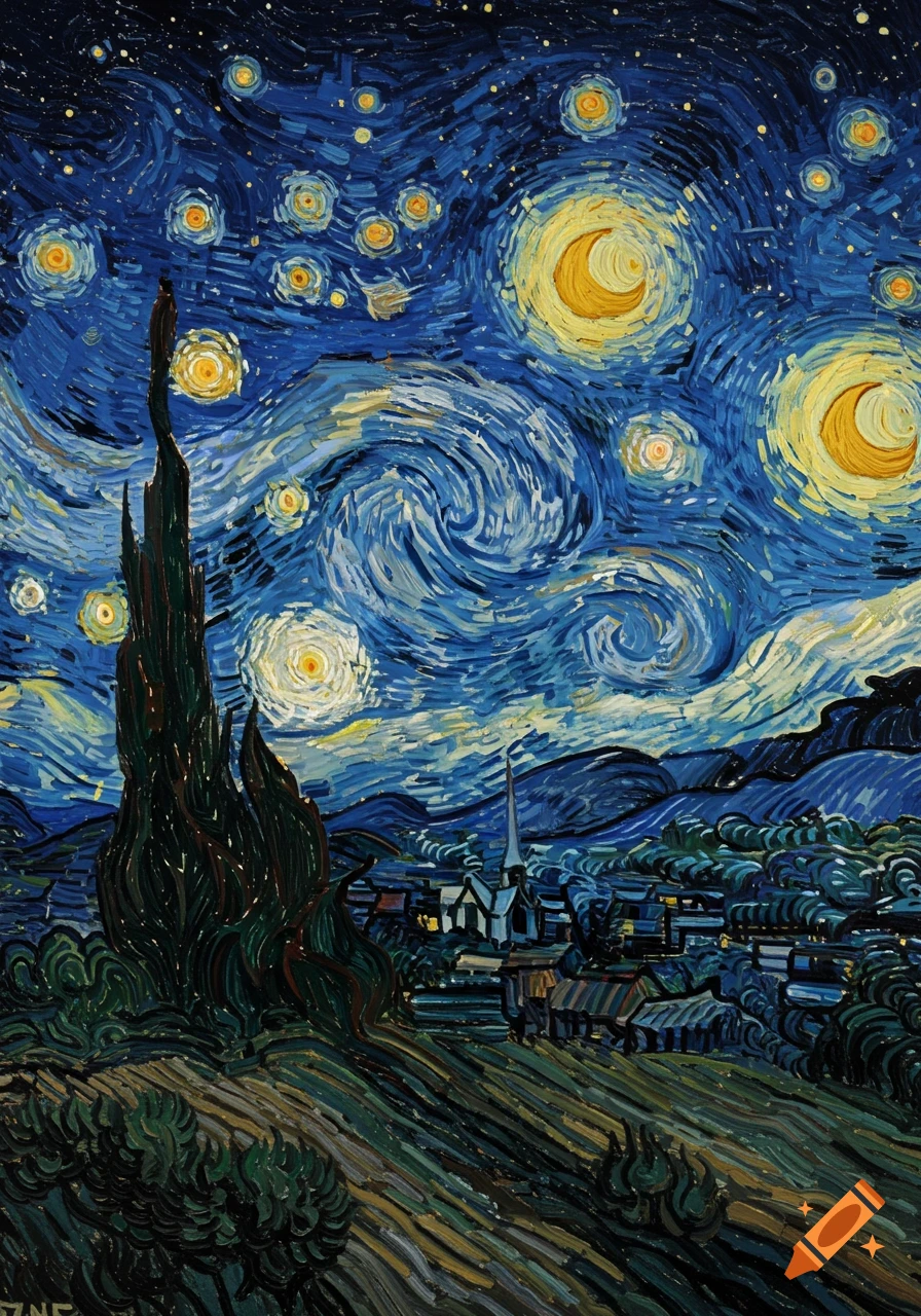 A painting in the style of Van Gogh depicts a swirling starry night sky over a village landscape.