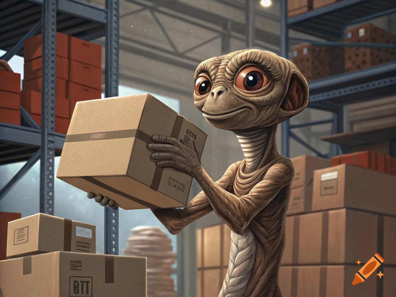 ET alien holds a cardboard box in a warehouse filled with shelves of packages.