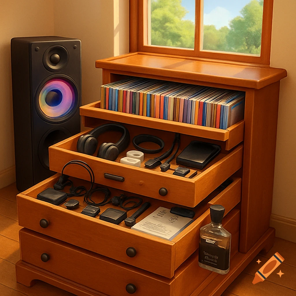 Cartoon style image of a room with a large speaker and a wooden drawer filled with CDs, electronics, and papers next to a window with a green view.