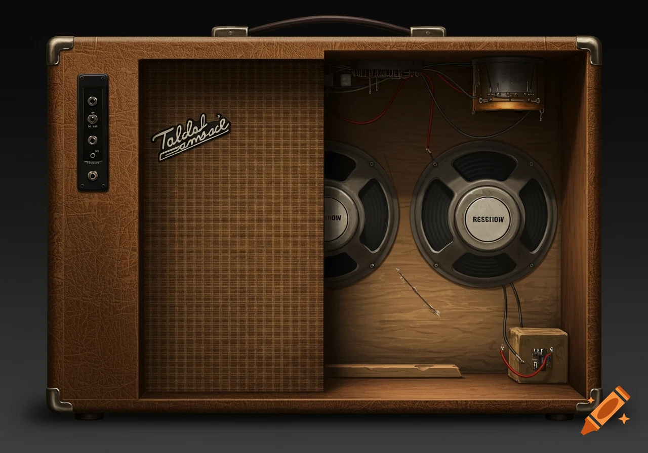 A brown guitar amplifier cut in half, showing internal speakers and wiring.