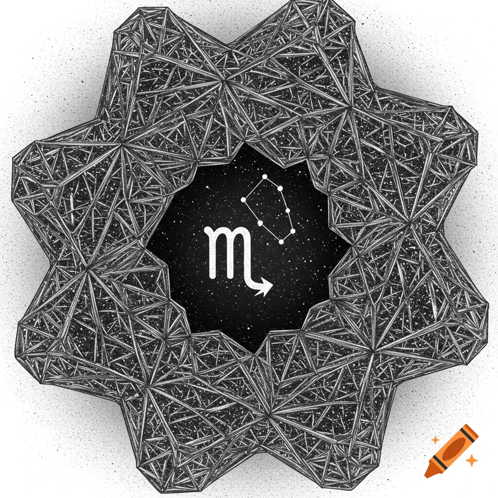 A geometric pattern frames a view of the Scorpio zodiac sign and constellation against a starry background.