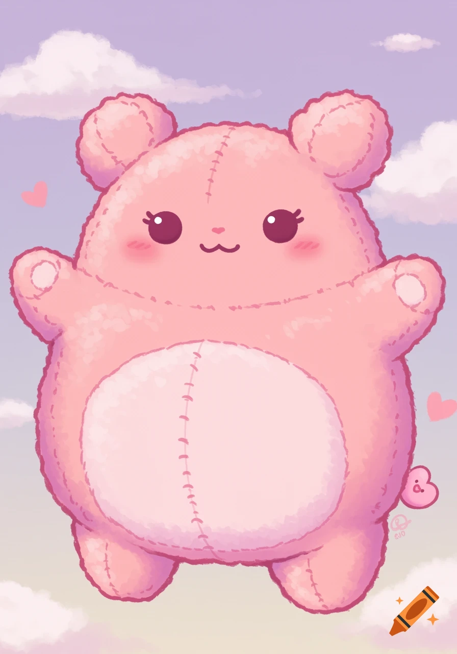 A cute, chubby pink plush toy floats in a pastel cloudy sky. Cartoon style.