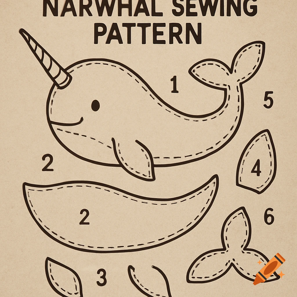 Diagram of a narwhal sewing pattern with numbered pieces.