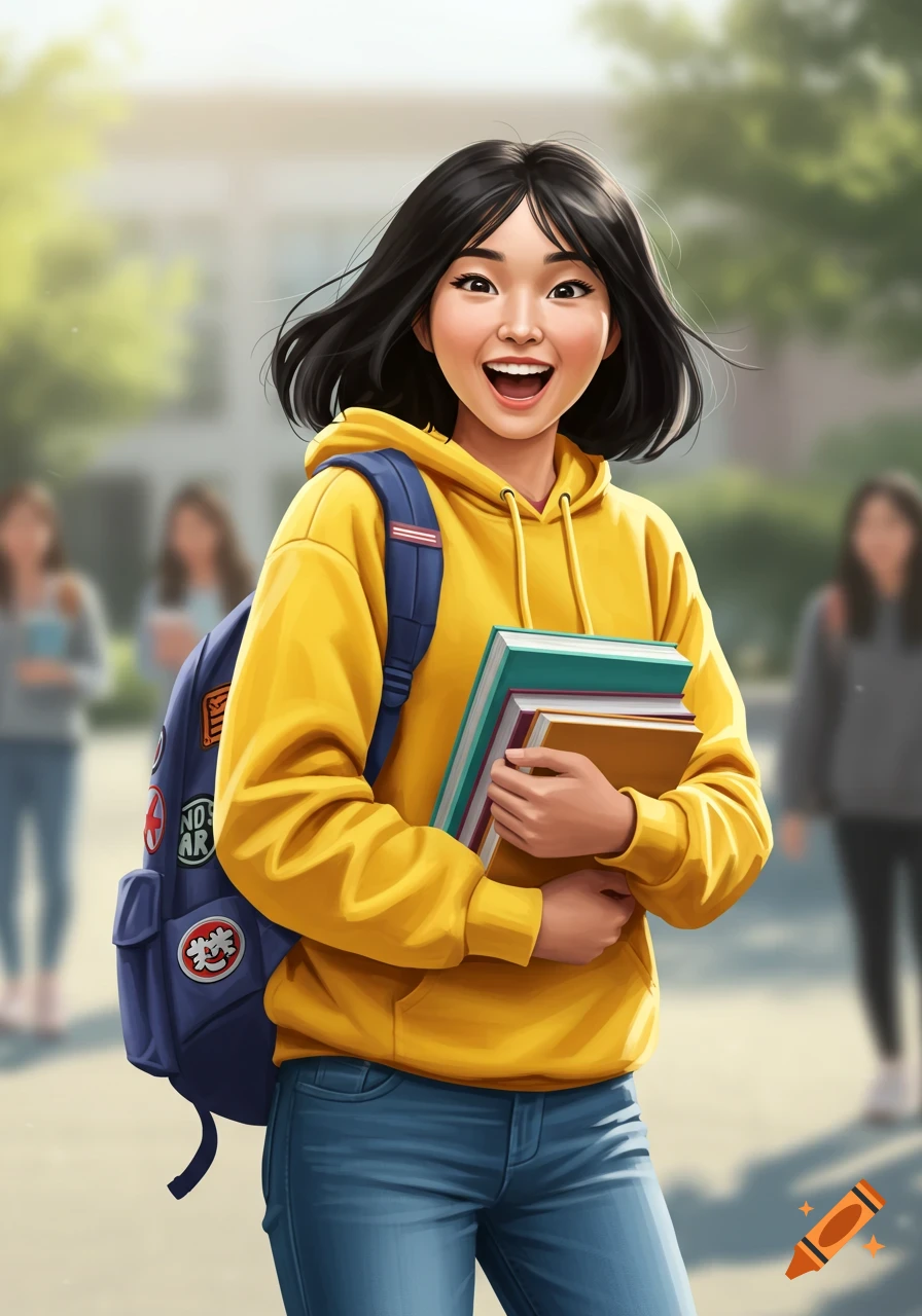 Happy university student with a backpack and books in an illustration.