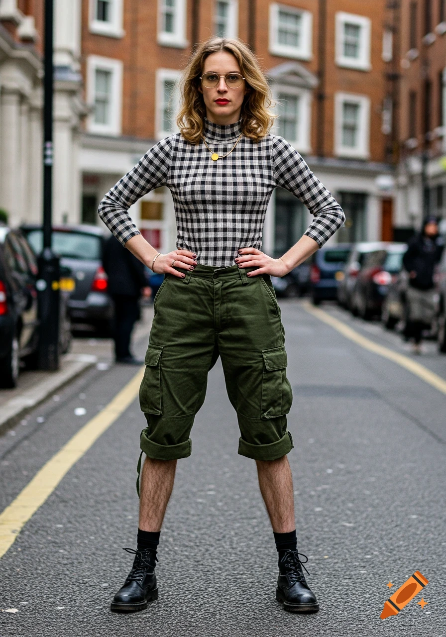 An androgynous model in a checked top and cargo shorts poses on a London street.