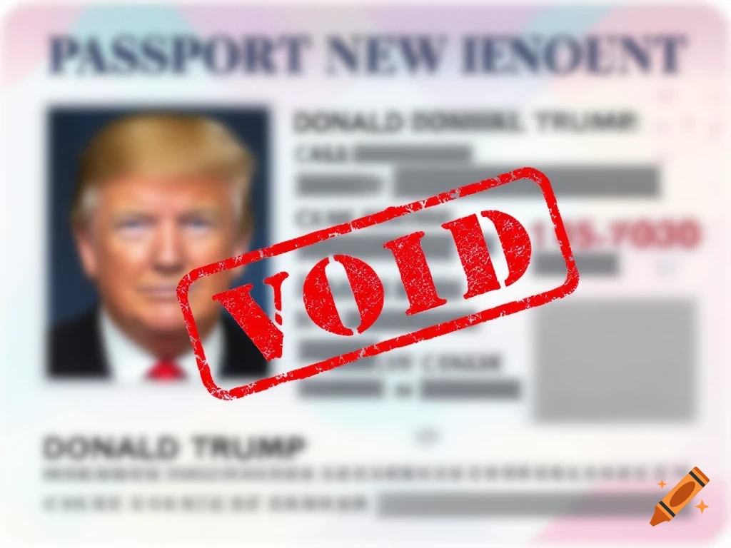 Blurred passport with Donald Trump's photo, his name visible, and a red 'VOID' stamp across it.