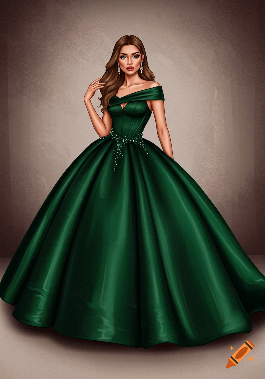 Illustrated woman in a dark green ball gown with a full skirt and beaded bodice.
