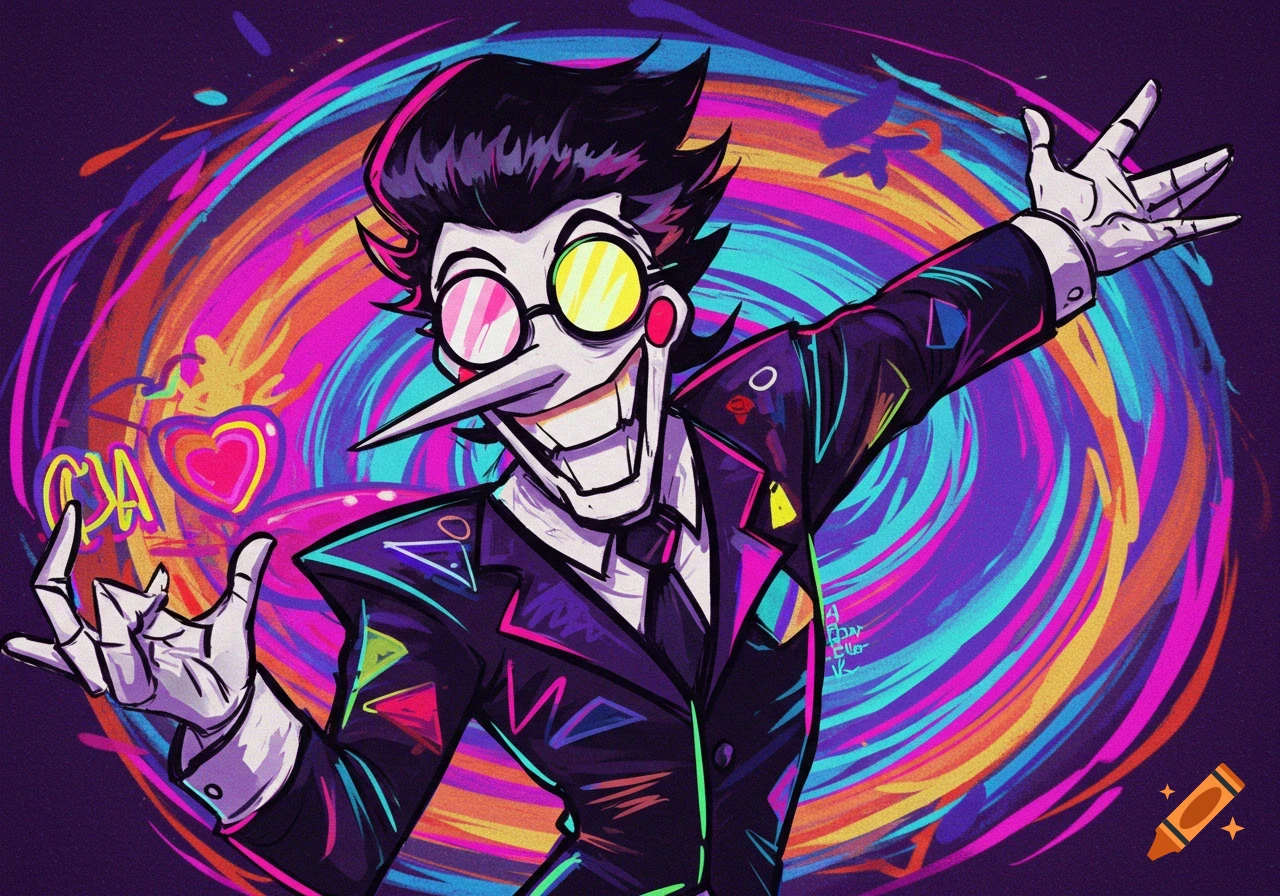 Stylized illustration of the character Spamton from Deltarune against a vibrant, swirling background.