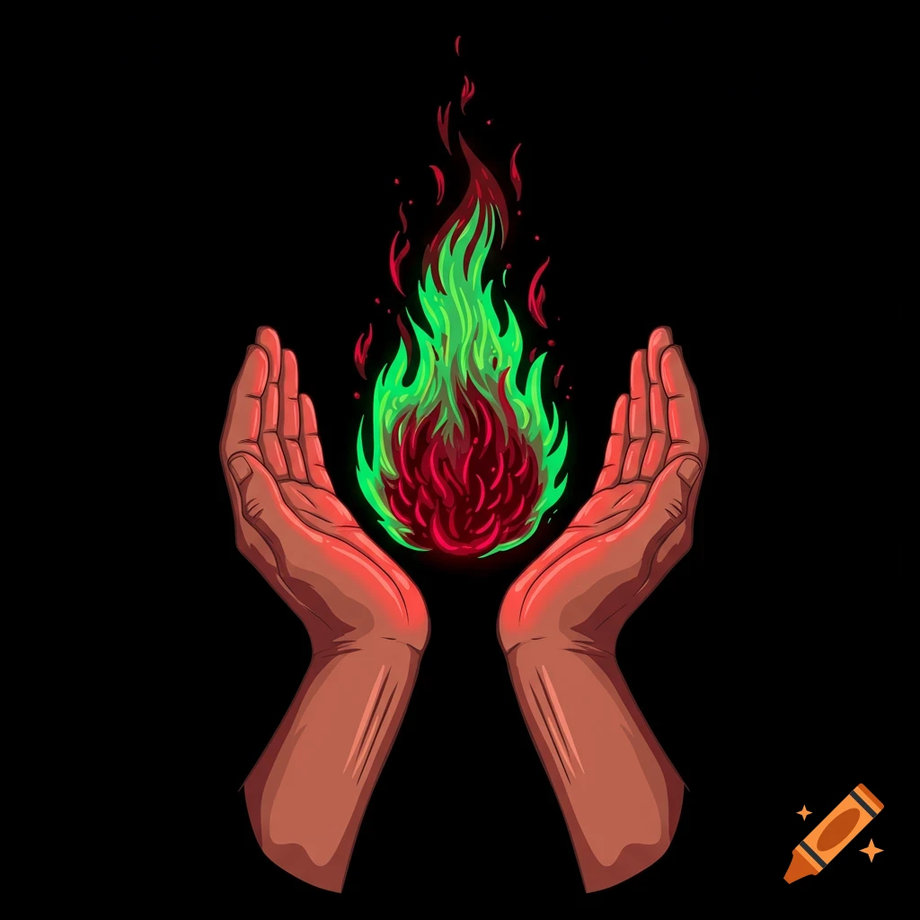 Vector illustration of hands cupping a green and red flame.