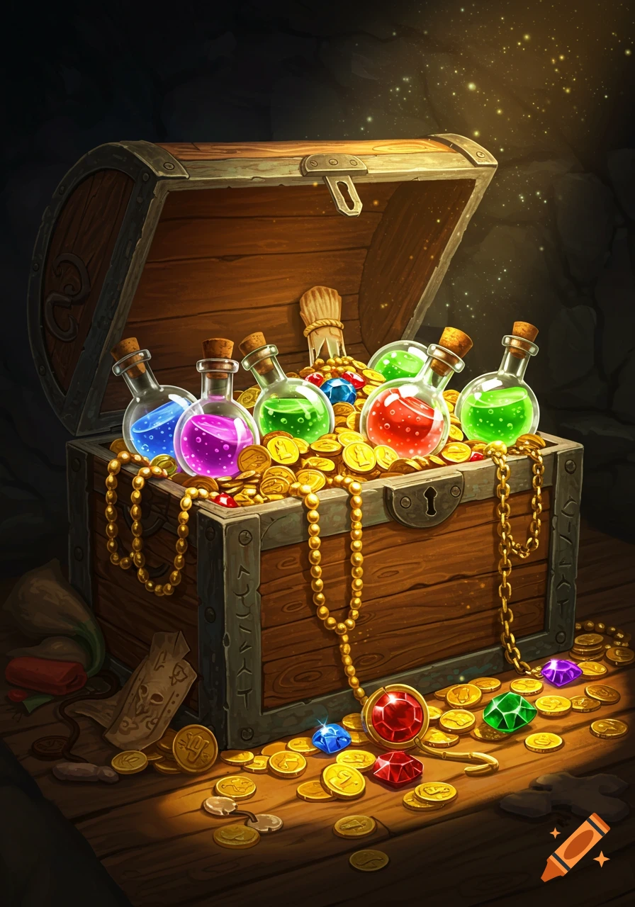 An open treasure chest overflowing with gold coins, colorful potions, and jewels in a dark setting, rendered in an illustrative style.