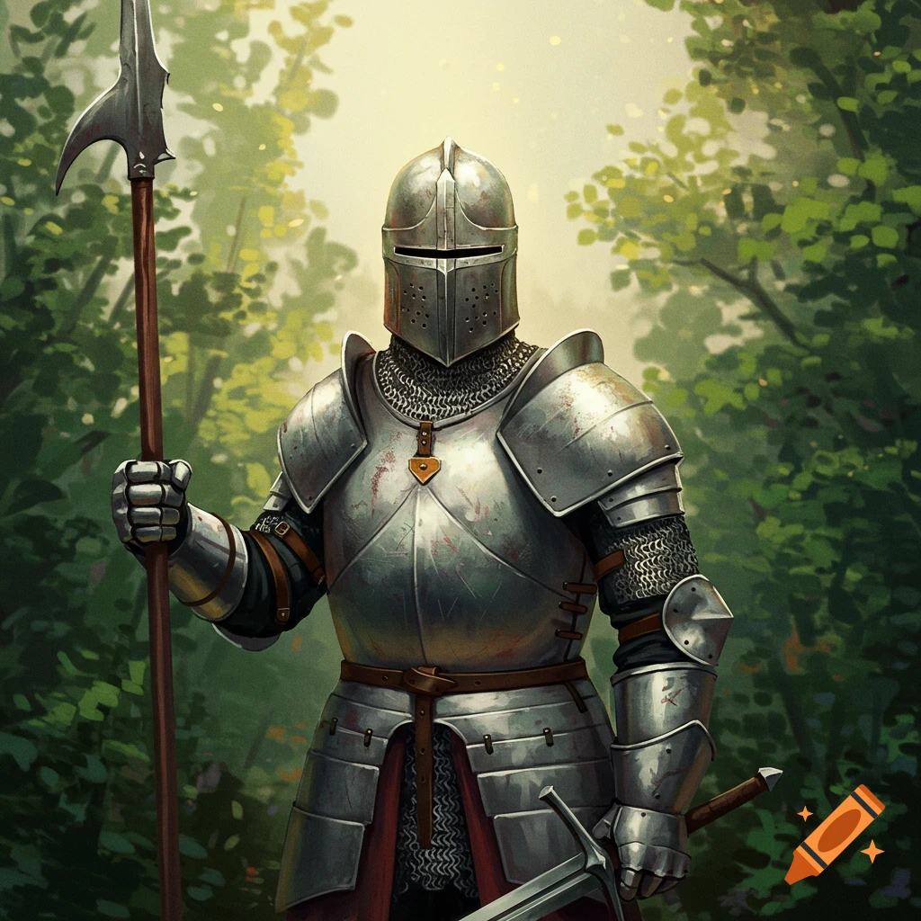 A medieval knight in silver full plate armour stands in a forest, holding a spear and a sword.