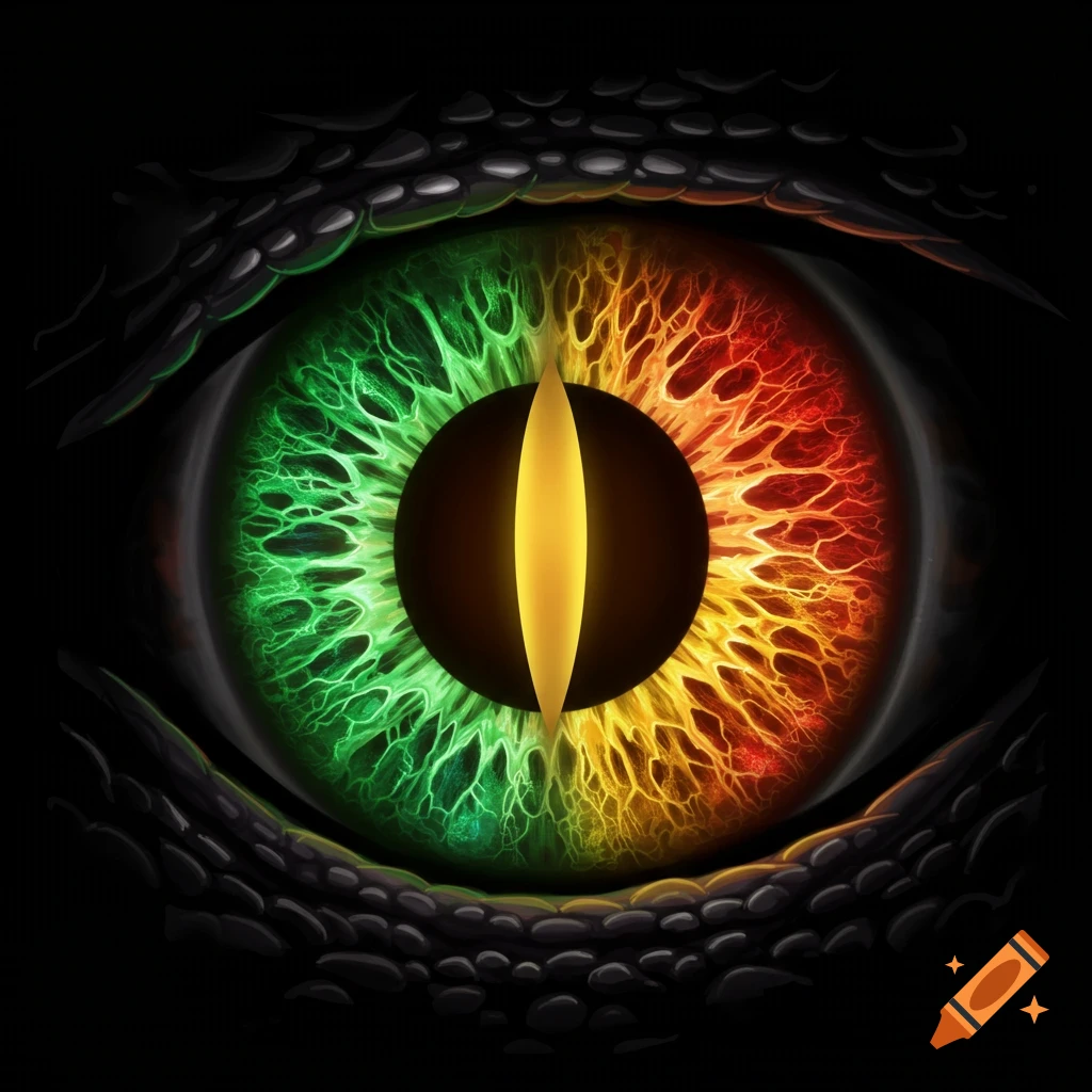 A close-up of a dragon eye with a vertical pupil and a green and red/yellow iris.