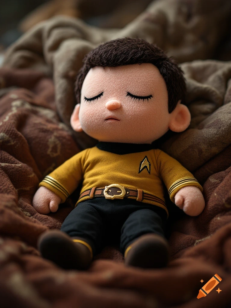 Close-up of a sleeping plush toy of Captain Kirk in a Starfleet uniform.