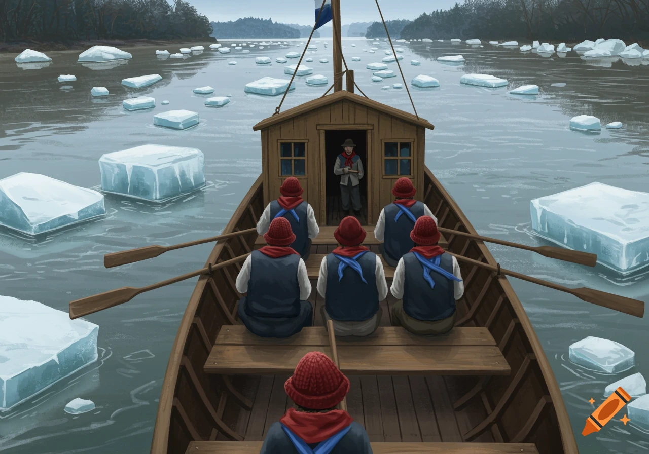 Illustration of a keelboat full of people rowing through ice on a river.