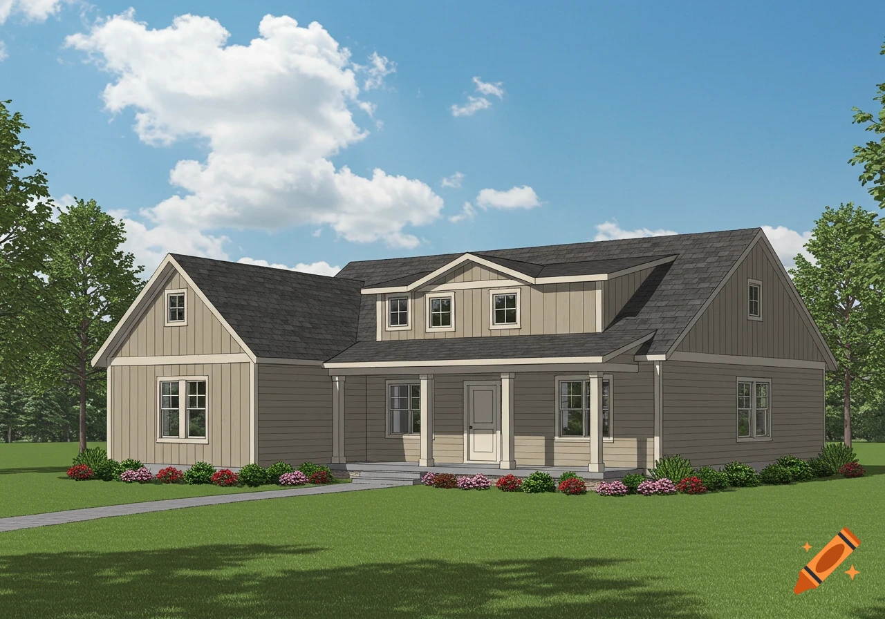 A 3D rendering of a two-story farmhouse with a porch and columns.