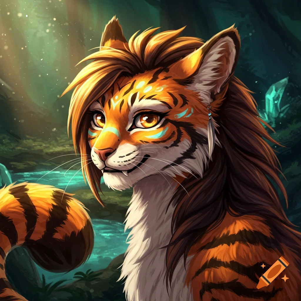 An illustration of an anthropomorphic tiger character in a forest near water.