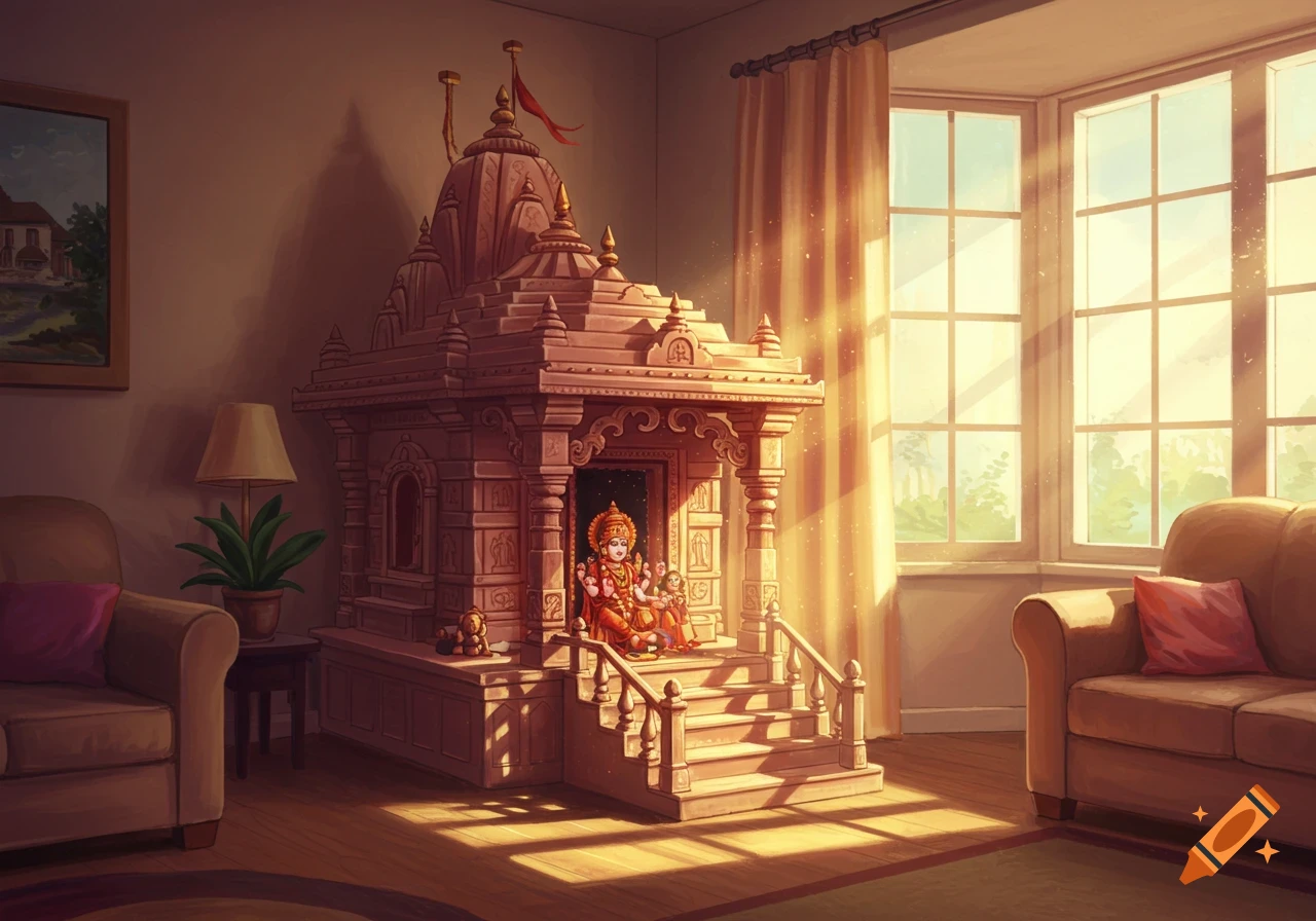 A small, detailed temple with a deity figure sits in a sunlit living room.