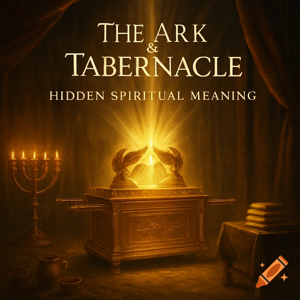 Golden Ark of the Covenant in a tent, with divine light and text overlay.