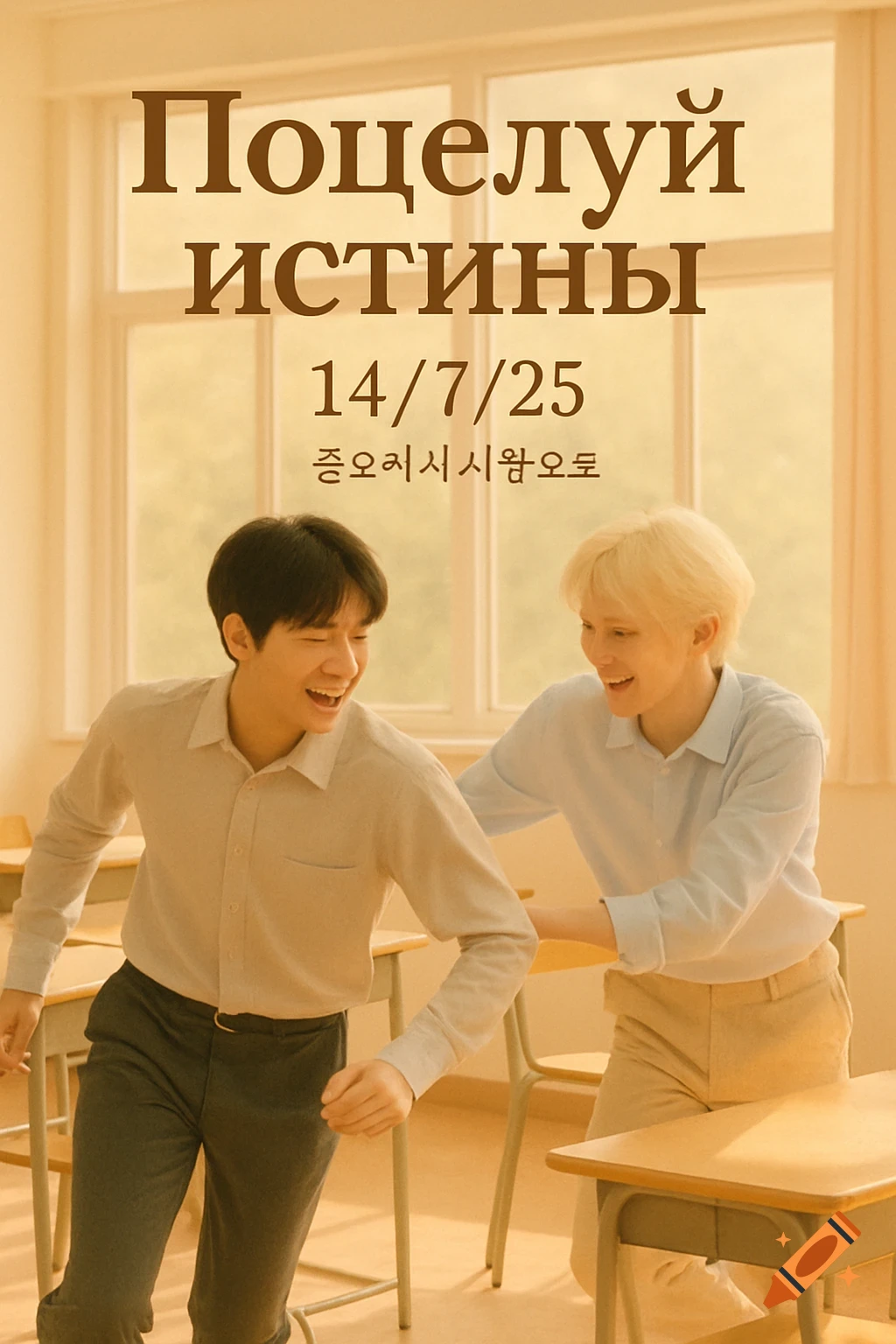 Two young men laugh and run in a sunny classroom, with Russian and Korean text overlay.