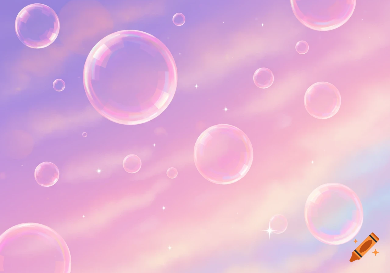 Pink and purple pastel sky with floating iridescent bubbles and sparkles