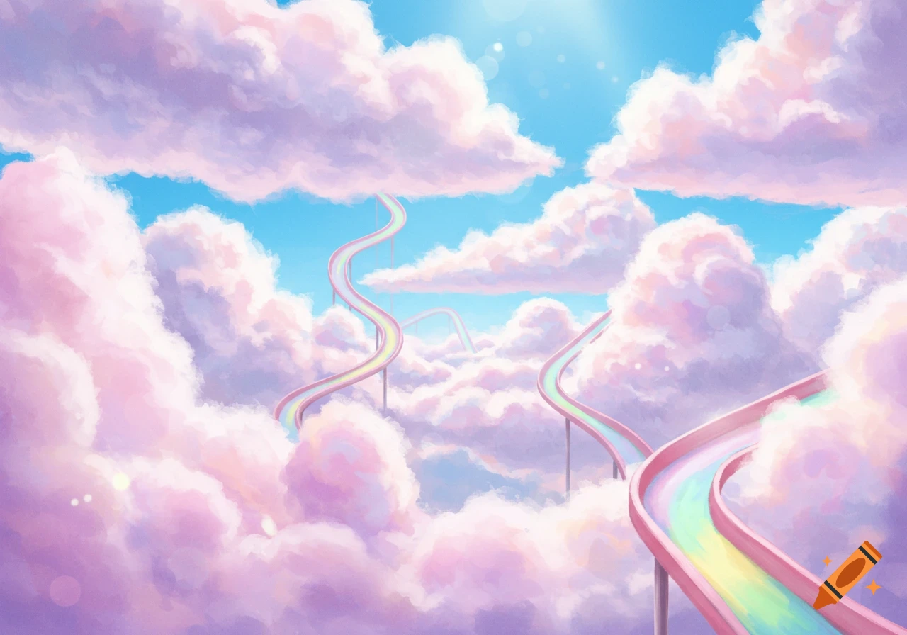Colorful slides wind through fluffy pink and purple clouds in a blue sky with sunbeams.
